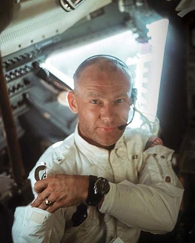 Astronaut Buzz Aldrin aboard the Apollo 11 wearing his Omega Speedmaster