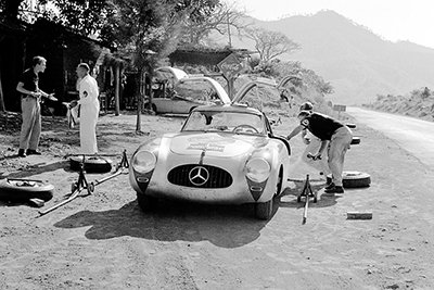 Driver Karl Kling's Mercedes after his car was hit by a vulture during the Carrera Panamericana 1952.