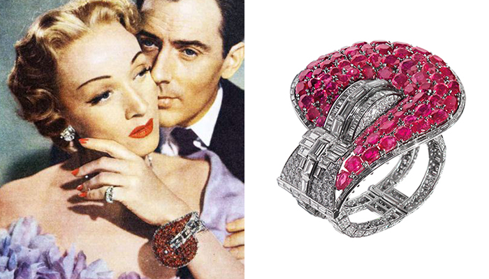 Marlene Dietrich in Van Cleef and Arpels Ruby Cuff