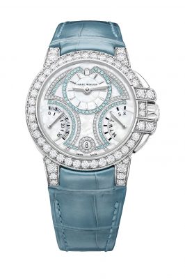 Harry Winston Ocean 20th Anniversary Biretrograde Automatic in pale blue.