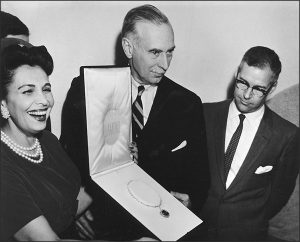 Mrs. Edna Winston, wife of the donor; Leonard Carmichael, Secretary of the Smithsonian; Dr. George S. Switzer, Curator of Mineralogy, at the formal presentation of the Hope Diamond to the Smithsonian on September 10th, 1958