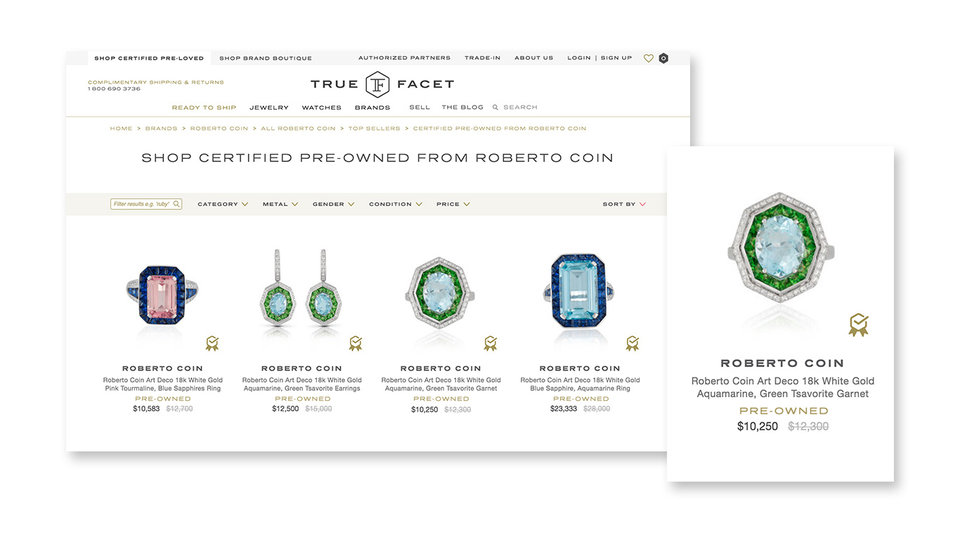 TrueFacet's Brand Certified Pre-Owned Roberto Coin Category Landing Page Preview