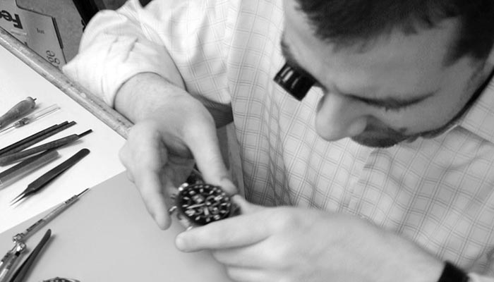 Leonid Khankin at his watchmakers bench