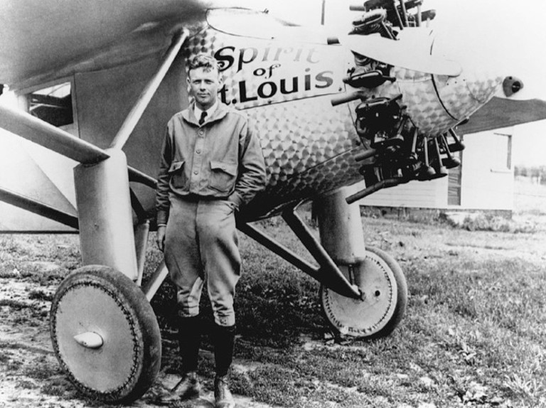 Charles Lindbergh with the Spirit of St. Louis Plane