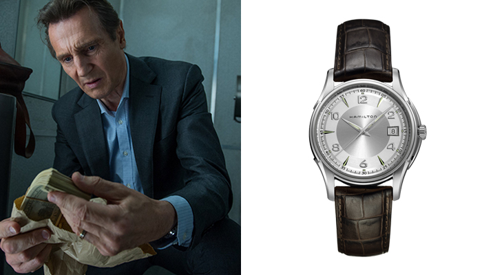 Liam Neeson in The Commuter wearing a Hamilton Jazzmaster watch