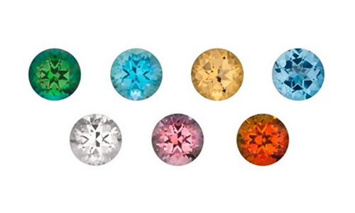 Different colors of topaz, including green, blue, yellow, white, and pink topaz