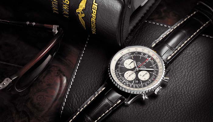 Navitimer 1 B01 Chronograph 46 with black dial and black alligator leather strap. (PPR/Breitling)