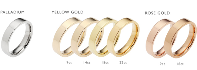 Different types of wedding band metals. Image via Laings.