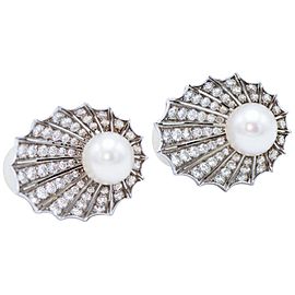 Platinum Diamond Cultured Pearl Shell Shape Earclips