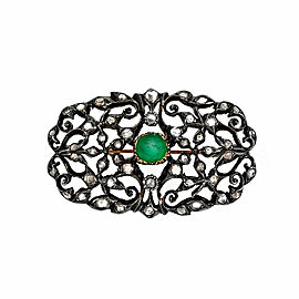 14k Yellow Gold / Silver Top Victorian Rose Cut Diamonds Emerald Pin