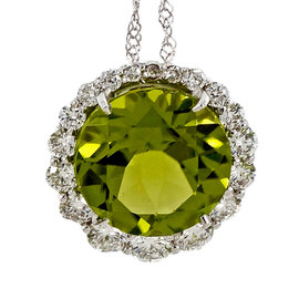 18K White Gold with 3.00ct Fine Green Peridot & Halo Diamond Pendant Necklace