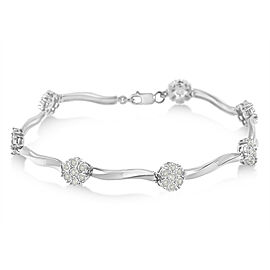 True .925 Sterling Silver 1.0 Cttw Diamond Cluster Miracle-Set Station & Twisted Bar 7" Tennis Bracelet (H-I Color, I1-I2 Clarity)