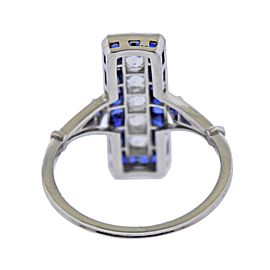 Art Deco Style French Cut Sapphire Diamond Platinum Ring