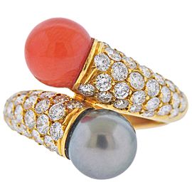 Van Cleef & Arpels France Coral Pearl Diamond Gold Bypass Ring