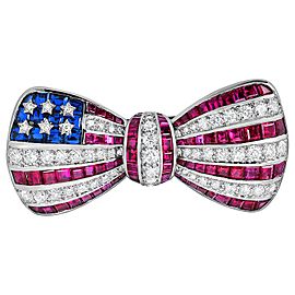 Platinum Ruby Diamond Sapphire American Flag Bow Brooch Pin