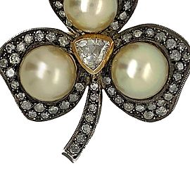 Silver and Gold Rose Cut Diamond with Cultured Pearl Brooch