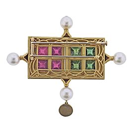 Kieselstein Cord Pink Green Tourmaline Diamond Pearl Gold Brooch Pin