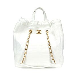 Chanel White Crocodile-Embossed Large Shopping Tote