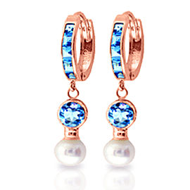 4.3 CTW 14K Solid Rose Gold Huggie Earrings Cultured Pearl Blue Topaz