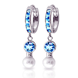 4.3 CTW 14K Solid White Gold Huggie Earrings Cultured Pearl Blue Topaz