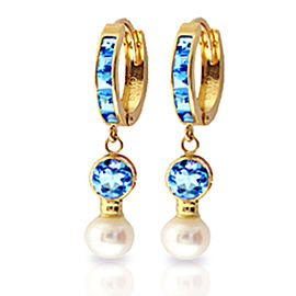 4.3 CTW 14K Solid Gold Huggie Earrings Cultured Pearl Blue Topaz