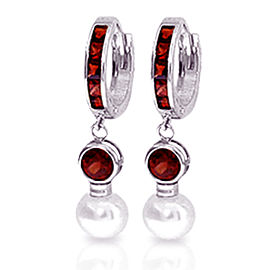 4.3 CTW 14K Solid White Gold Huggie Earrings Cultured Pearl Garnet