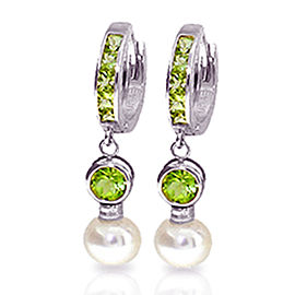 4.3 CTW 14K Solid White Gold Huggie Earrings Cultured Pearl Peridot