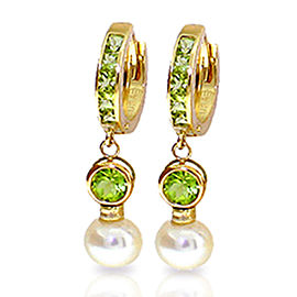 4.3 CTW 14K Solid Gold Huggie Earrings Cultured Pearl Peridot