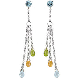 14K Solid White Gold Chandelier Earrings with Blue Topaz, Citrines & Peridots