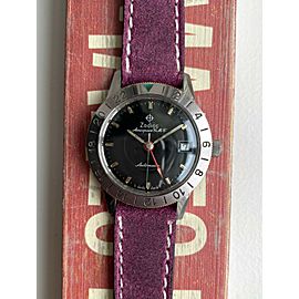 Vintage Zodiac Aerospace GMT Automatic Glossy Black Dial Steel Case Watch