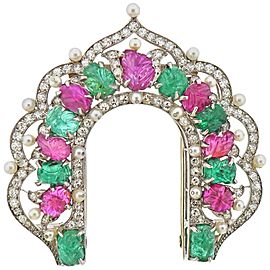 Platinum Carved Emerald Ruby Pearl Diamond Brooch