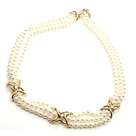 Tiffany & Co 18k Yellow Gold Diamond 3 Strand Pearl Necklace