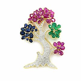 14K Yellow Gold Ruby 12.4cttw Diamond 0.60cttw Emerald Sapphire Tree Brooch