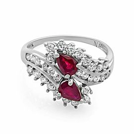 Rachel Koen 14K White Gold Pear Shaped Ruby & Diamond Cocktail Ring Size 9.75