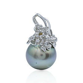 True Black Tahitian Pearl Pendant in 18K White Gold with Diamond Floral Motif 0.03cts