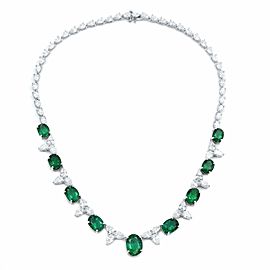 True 18K White Gold Oval Green Emerald and Pear Shaped Diamonds Necklace