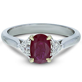 True Three Stone Oval Burma Ruby Diamond Ring 1.36ct 18K White Gold