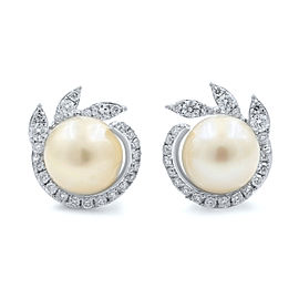 14K White Gold Fresh Water Natural Pearl Diamond Stud Earrings 0.42cttw