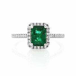 Rachel Koen 18K White Gold Green Emerald Diamond Halo Engagement Ring 1.02cts