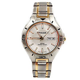 Pulsar Dress Day Date Two Tone Steel Silver Dial Quartz Mens Watch PXH097