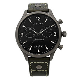 Movado Heritage Gunmetal Steel Green Leather Black Dial Quartz Watch 3650029