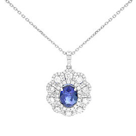 Rachel Koen 18K White Gold Oval Blue 3.37ct Sapphire & Diamond Necklace