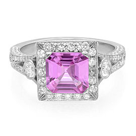 Platinum Asscher Cut Pink Sapphire Diamond Halo Engagement Ring 1.53ct SZ 6