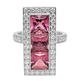 Platinum Princess Cut Pink Tourmaline Three Stone Diamonds Halo Ring Size 6