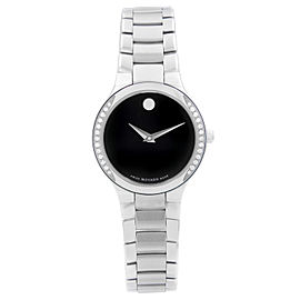 Movado Serio 26mm Steel Diamond Bezel Black Dial Quartz Ladies Watch 0606385