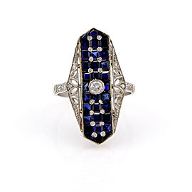 Estate Platinum Art Deco Diamond Sapphire Filigree Ring