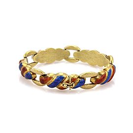 18kt Yellow Gold Fancy Swirl Shell Link Design Red & Blue Enamel Bracelet