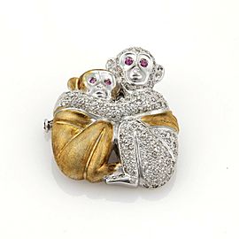 Estate 1.20ct Diamonds Sapphire Mother & Baby Monkey 18k Gold Brooch-Pendant