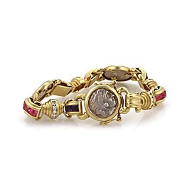 Designer Diamond Multicolor Gems 18k Yellow Gold Silver Coin Fancy Bracelet