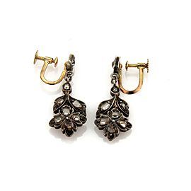 Edwardian Rose Cut Diamond 18k Gold & Silver Floral Screw Back Dangle Earrings